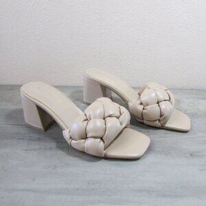 Nine West Women's 5 Gotti Square Toe Block Heel Slide Sandals Tan